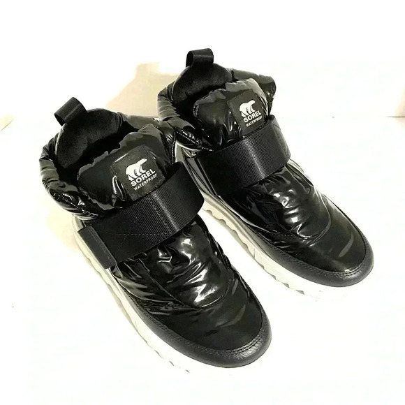 Sorel Black Size 6 Joan of Arctic Next Lite Strap Puffy Boots Hi-Top Black Shiny - Picture 1 of 11